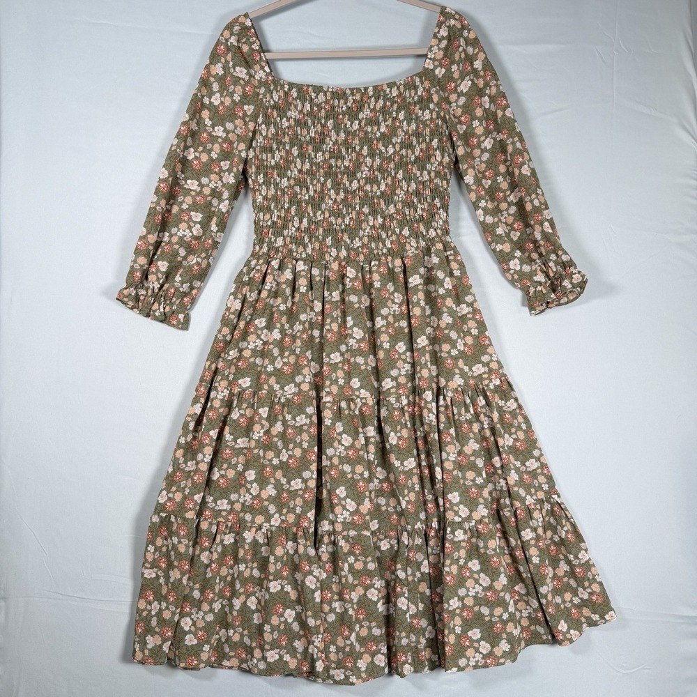 Baltic Born Size-L Womens Marta Midi Dress Floral 3/4‎ Sleeve Smocked Green